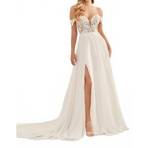 NEW ENCHANTING BY MON CHERI off-the-shoulder a-line wedding dress in ivory